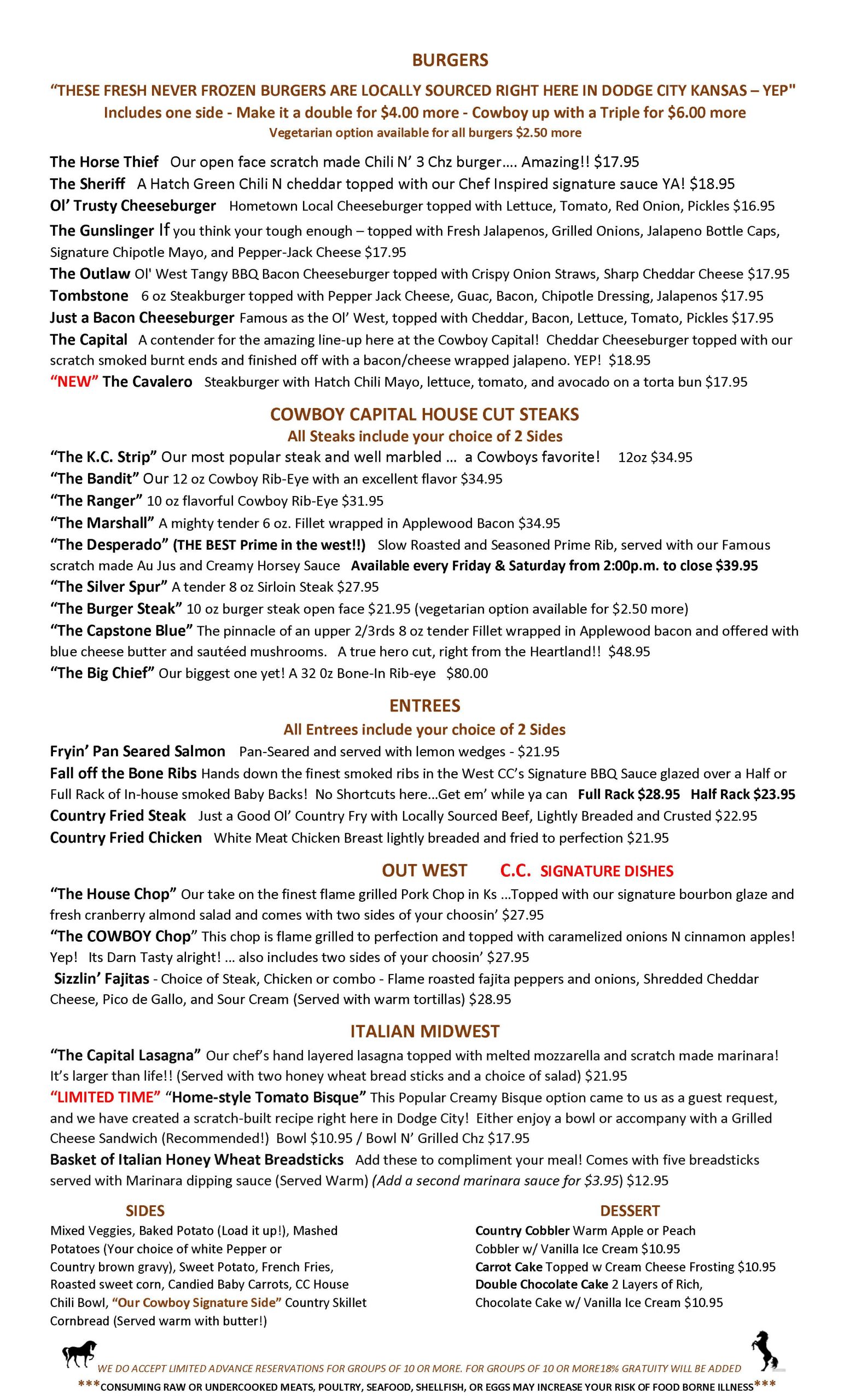 Cowboy Capital Saloon Menu