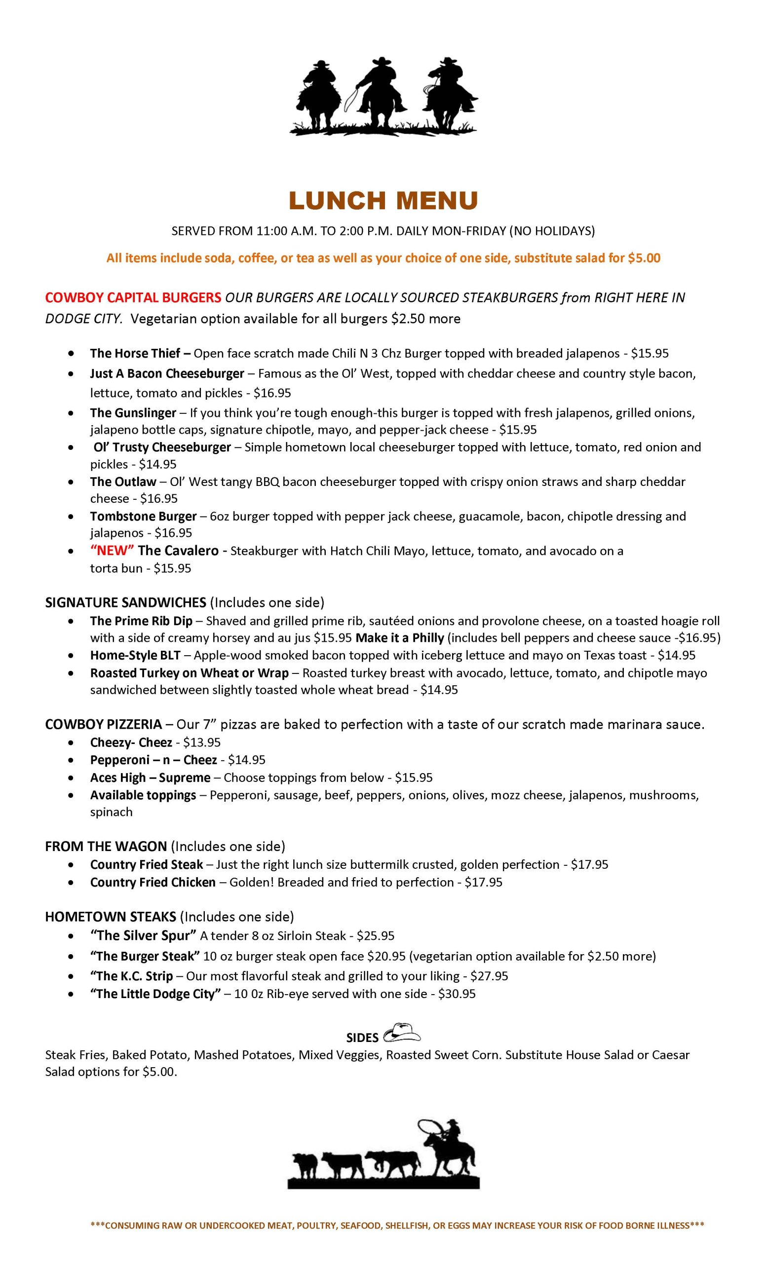 Cowboy Capital Saloon Lunch Menu